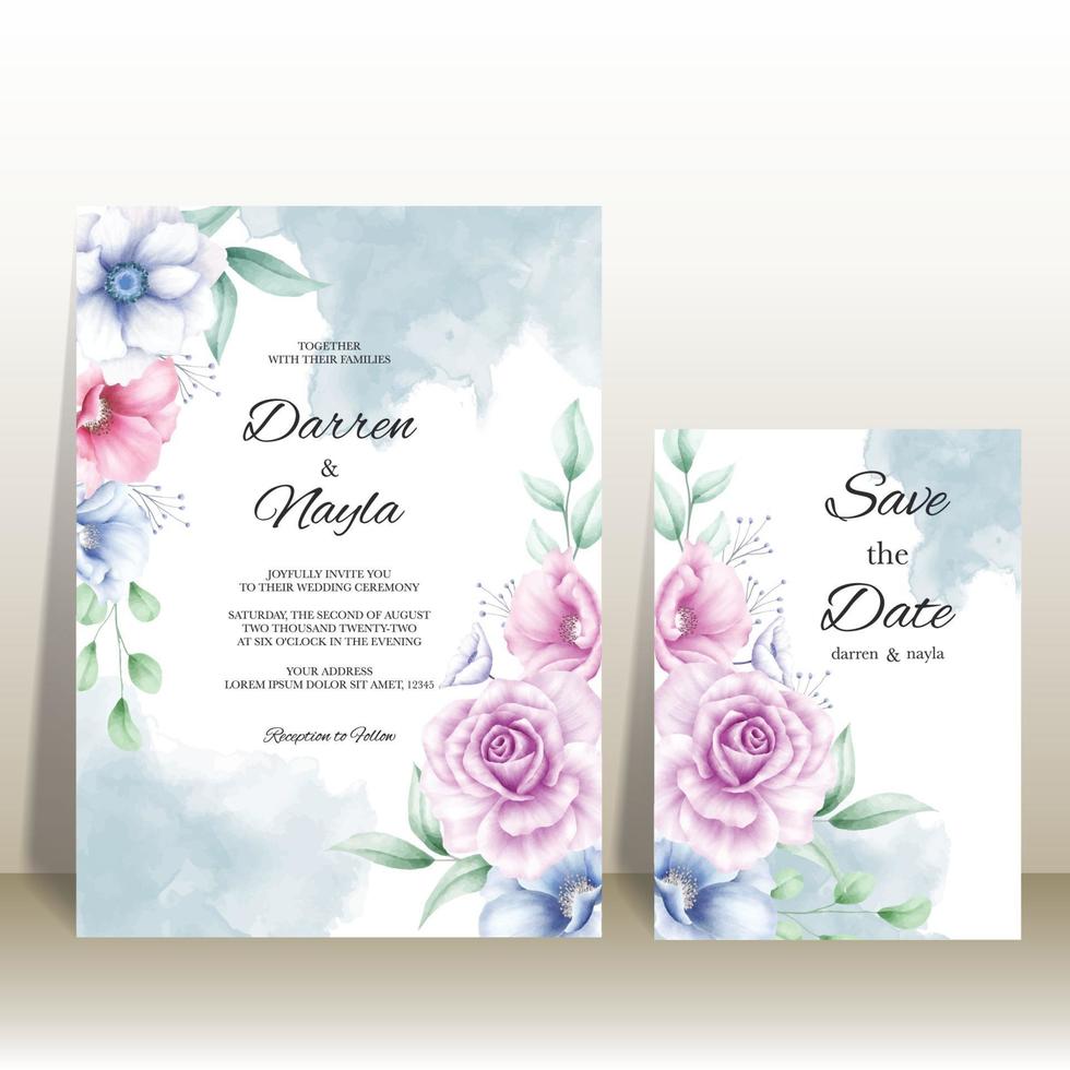 elegante y lujosa tarjeta de invitación de boda floral acuarela vector