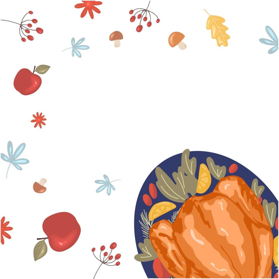 Thanksgiving Day background with roasted turkey on a platter, vector