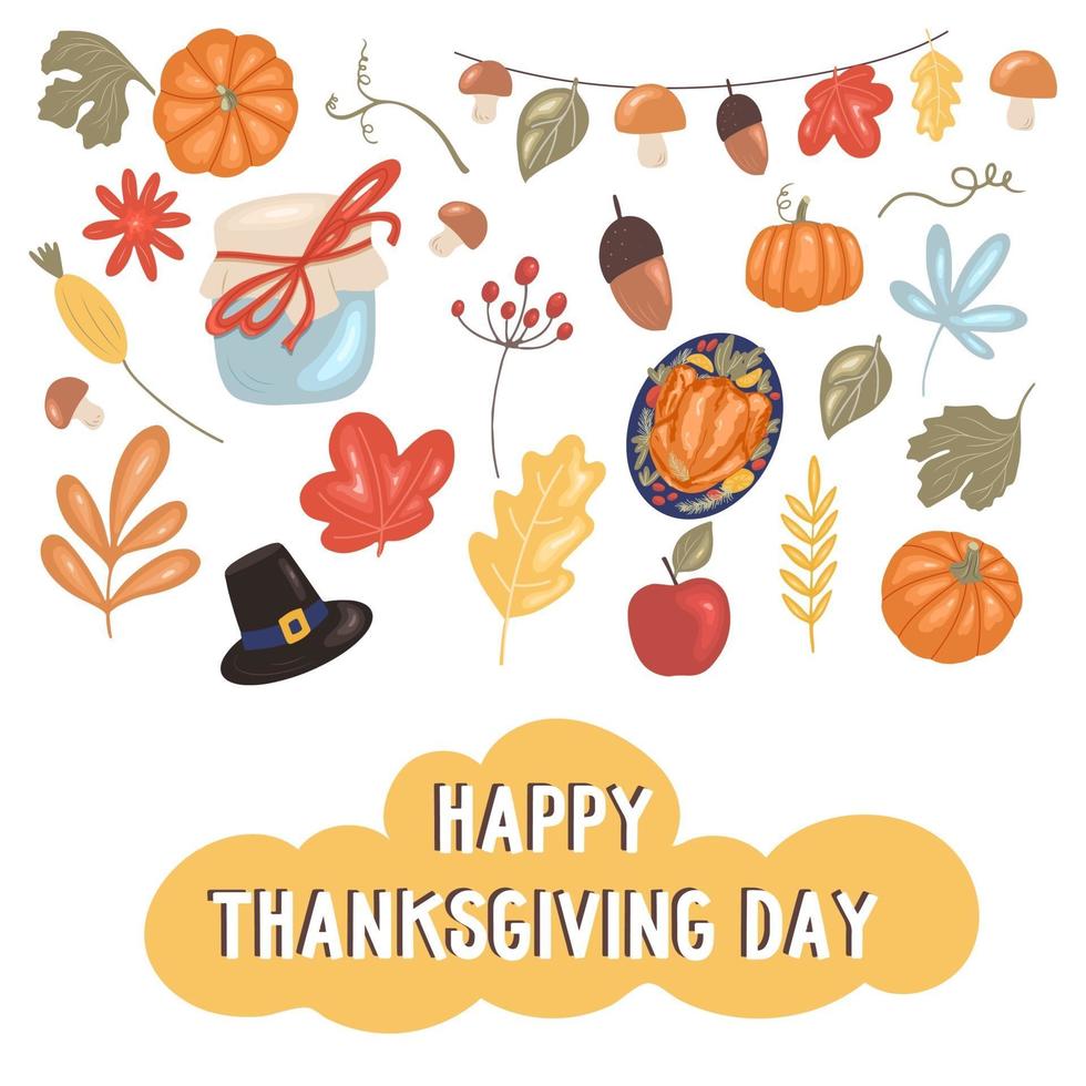 Happy Thanksgiving day lettering with floral design elements. Autumn vector