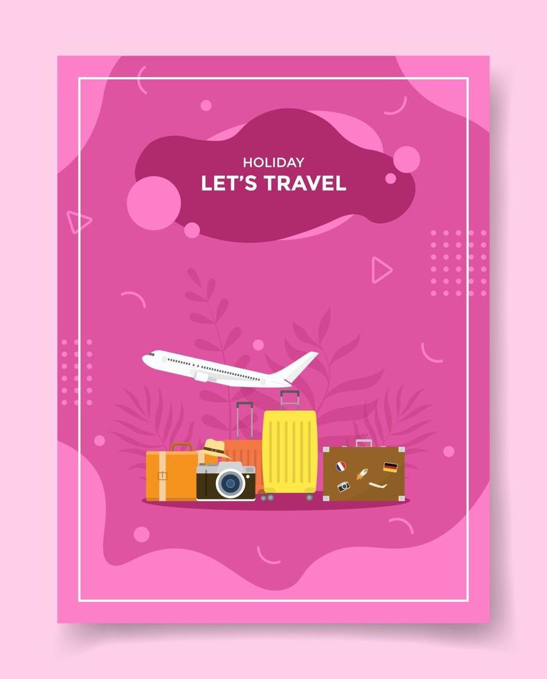 holiday lets travel concept plane around camera hat suitcase sticker vector