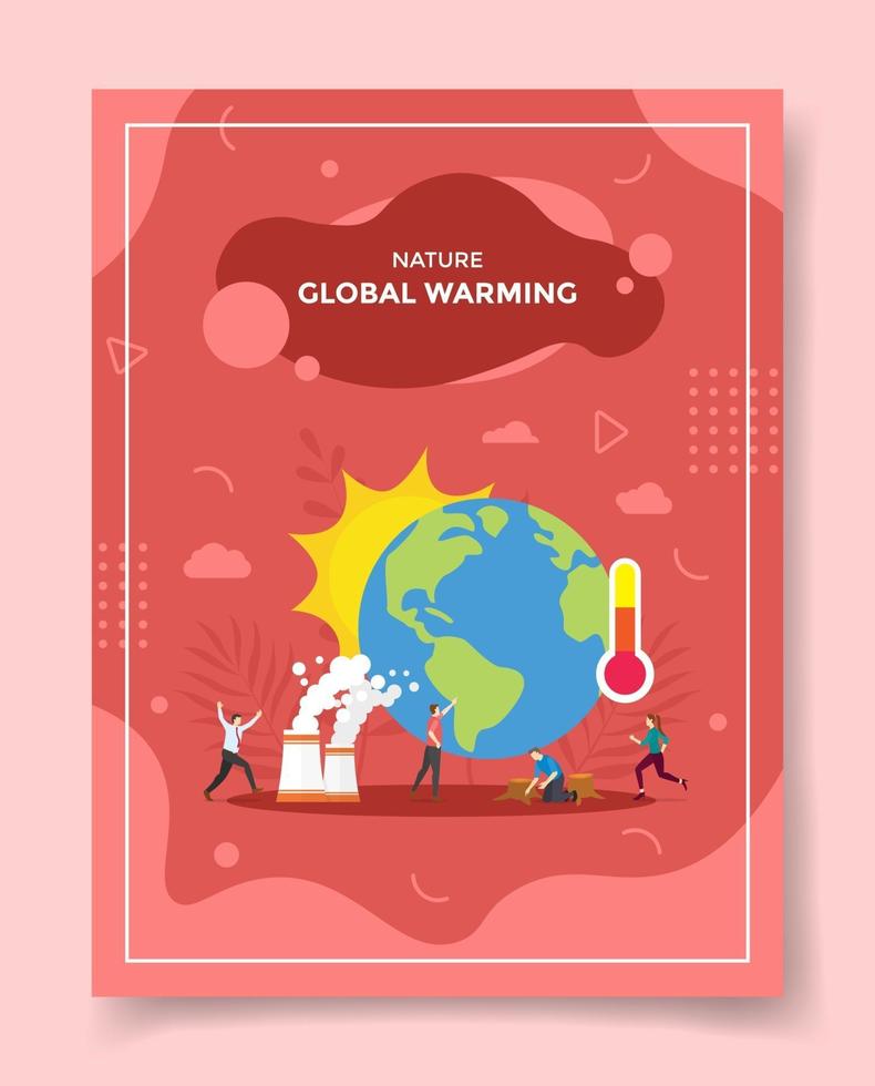 global warming cooncept people panic around earth sun thermometer vector