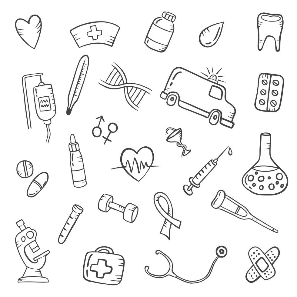 concepto de la industria de la salud doodle conjunto de colecciones dibujadas a mano vector