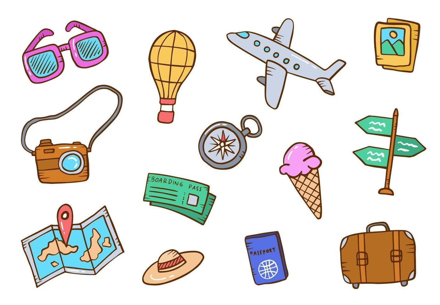 vacaciones o viajes doodle conjunto de colecciones dibujadas a mano vector