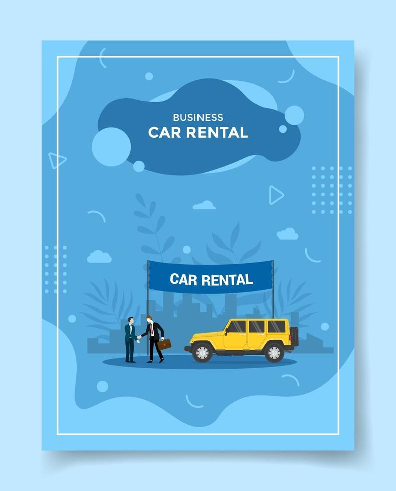 car rental people handshake around car background of city for template vector