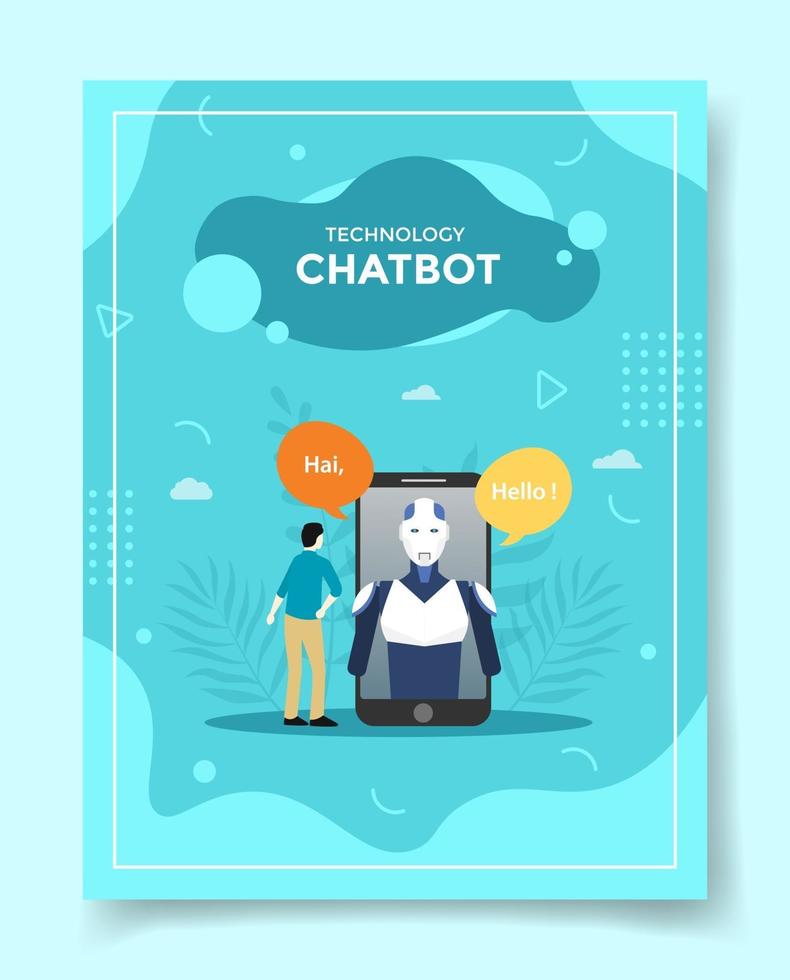 Concepto de chatbot hombres robot de teléfono inteligente frontal en pantalla hablar vector