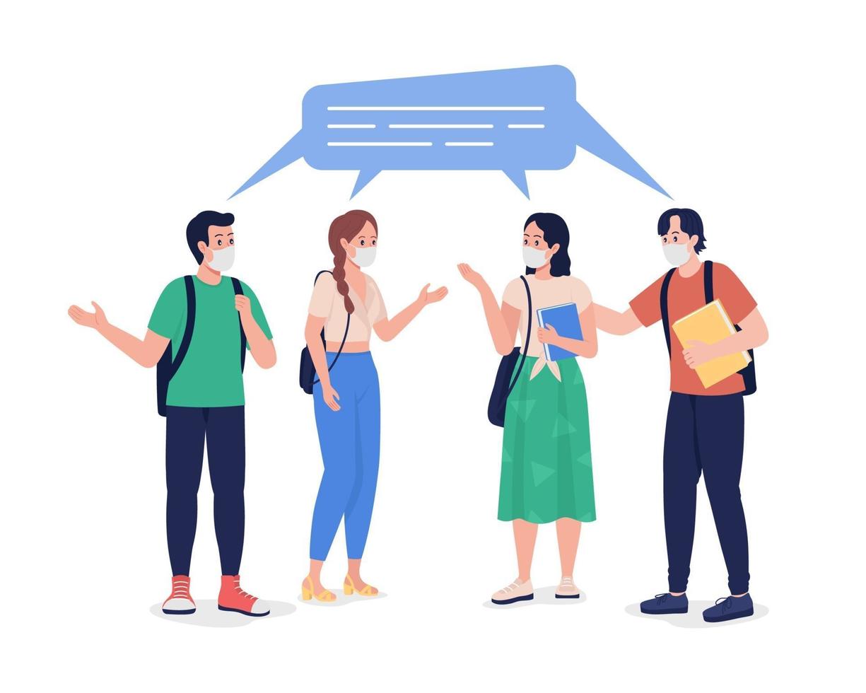 Young students chatting in masks semi flat color vector character