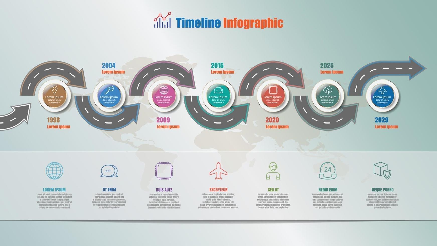 infografía de línea de tiempo de hoja de ruta empresarial con círculo de 7 pasos vector