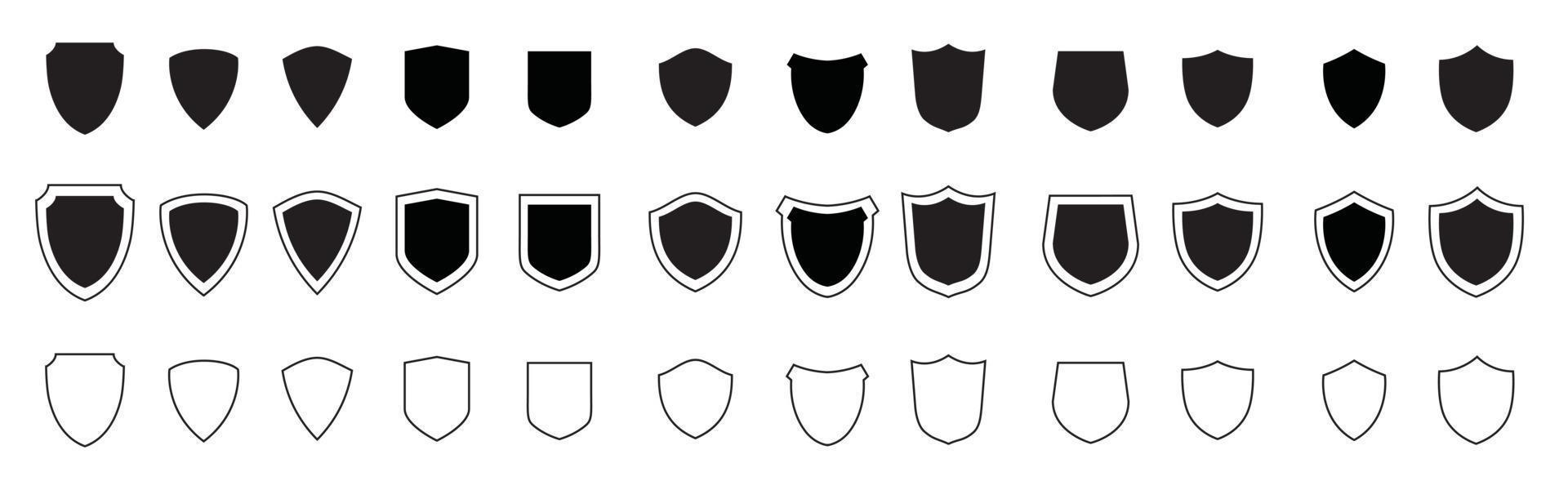conjunto de iconos de escudo negro. proteger la colección de silueta de escudos. vector