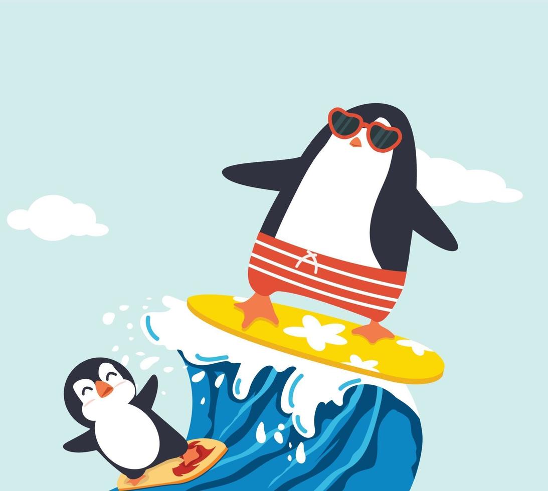 Cute penguin surfing waves cartoon vector
