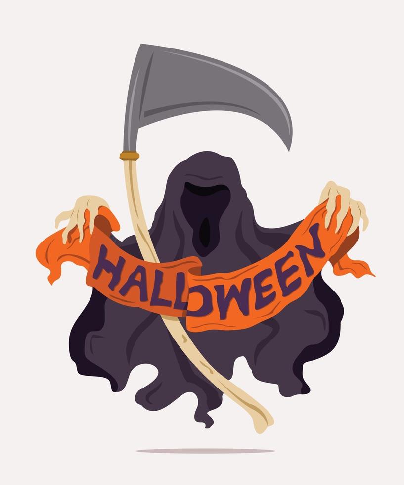 The God of Death Hold a Ribbon of Halloween Wording in Bone Hands. vector