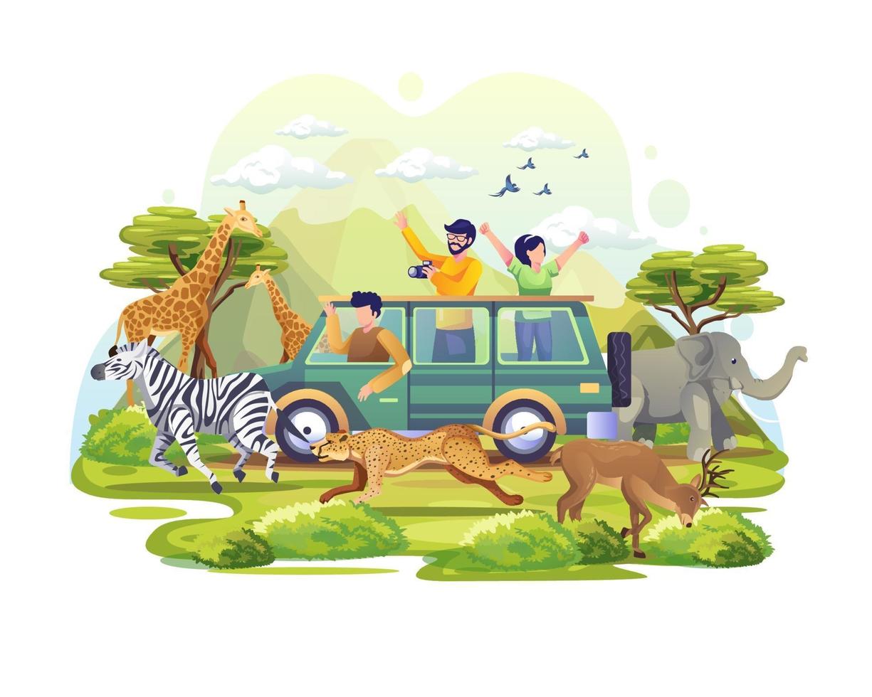 People explore the savanna in vehicle on World Animal Day Illustration vector
