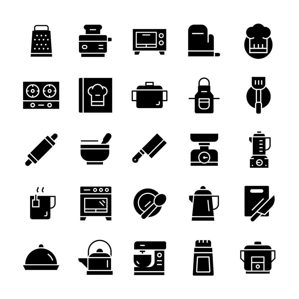 Set of Kitchen icons with glyph style. vector