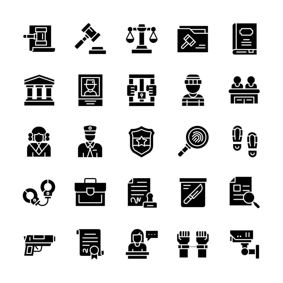 Set of Justice and Law icons with glyph style. vector