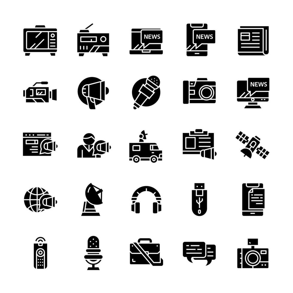 conjunto de iconos de medios de comunicación con estilo de glifo. vector