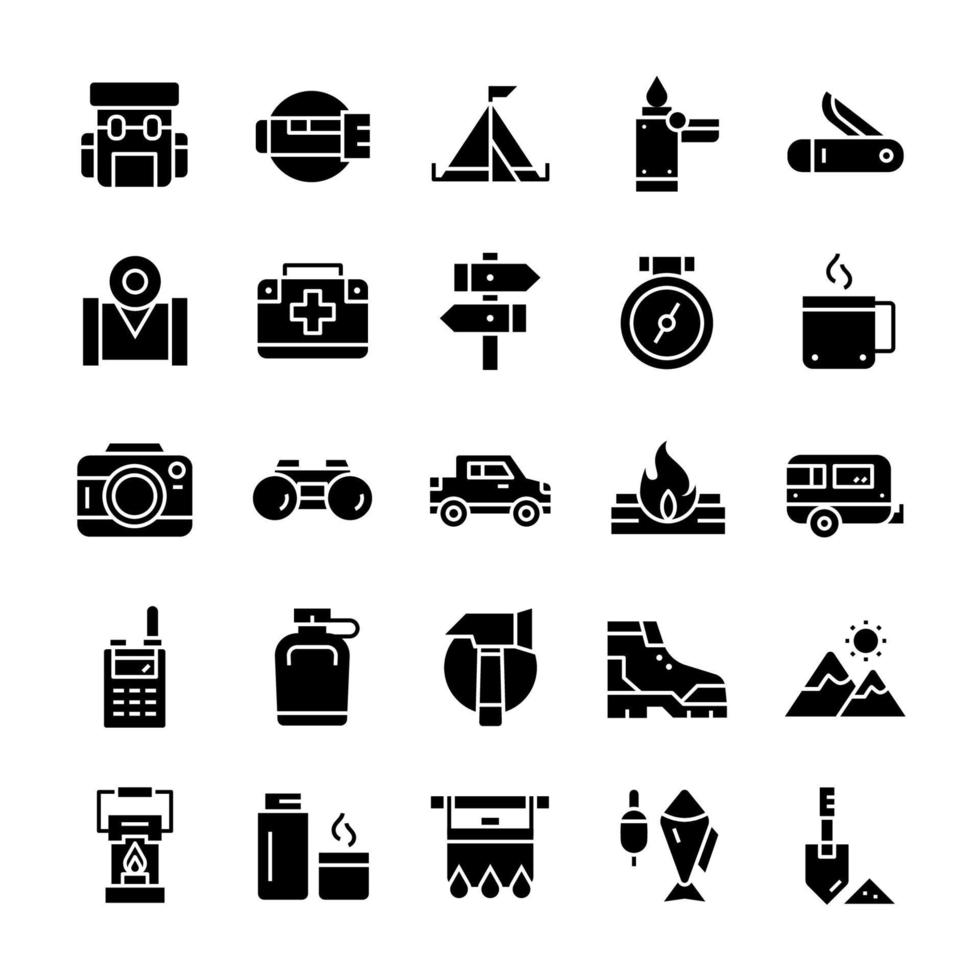 Set of Hiking Camping icons with glyph style. vector