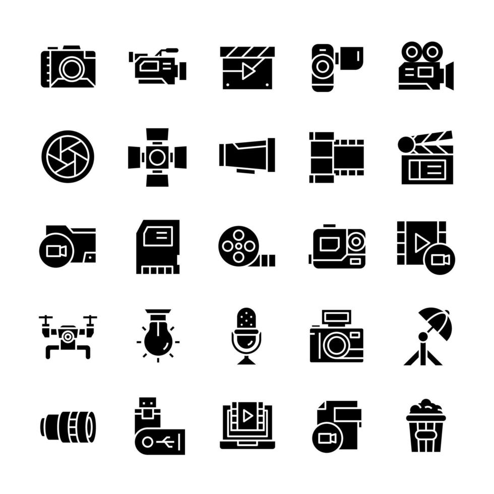 conjunto de iconos de videografía con estilo glifo. vector