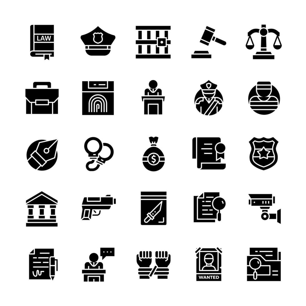 Set of Justice icons with glyph style. vector