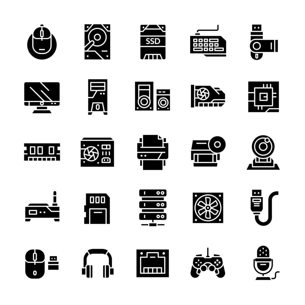 Set of Computer and Hardware icons with glyph style. vector