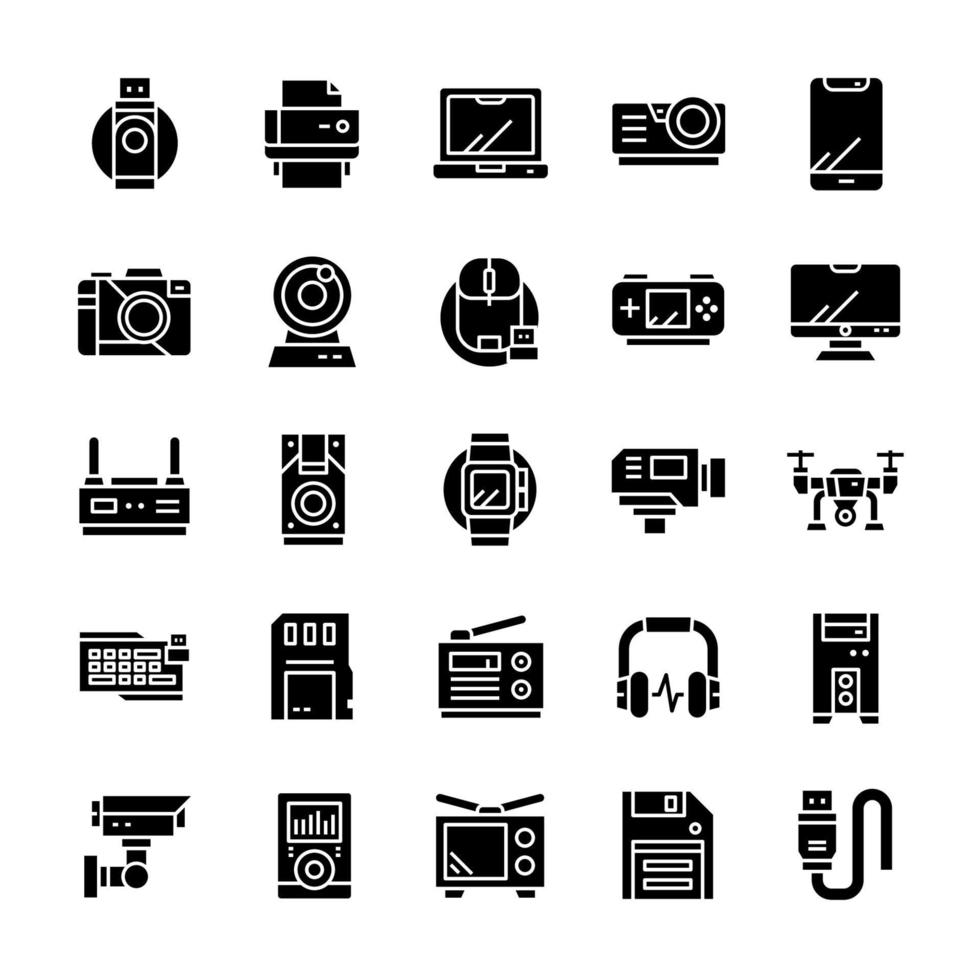 Set of Device and gadget icons with glyph style. vector