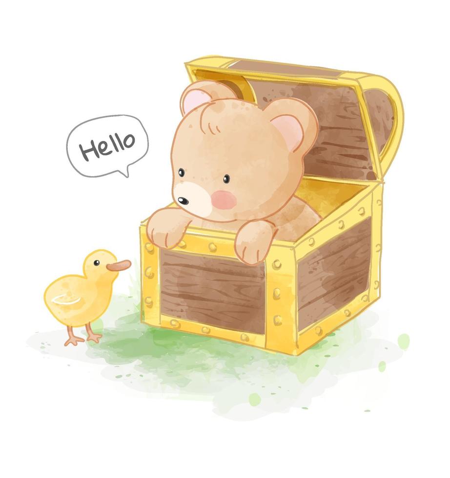 Cute Bear in Chest Box with Little Duck Illustration vector