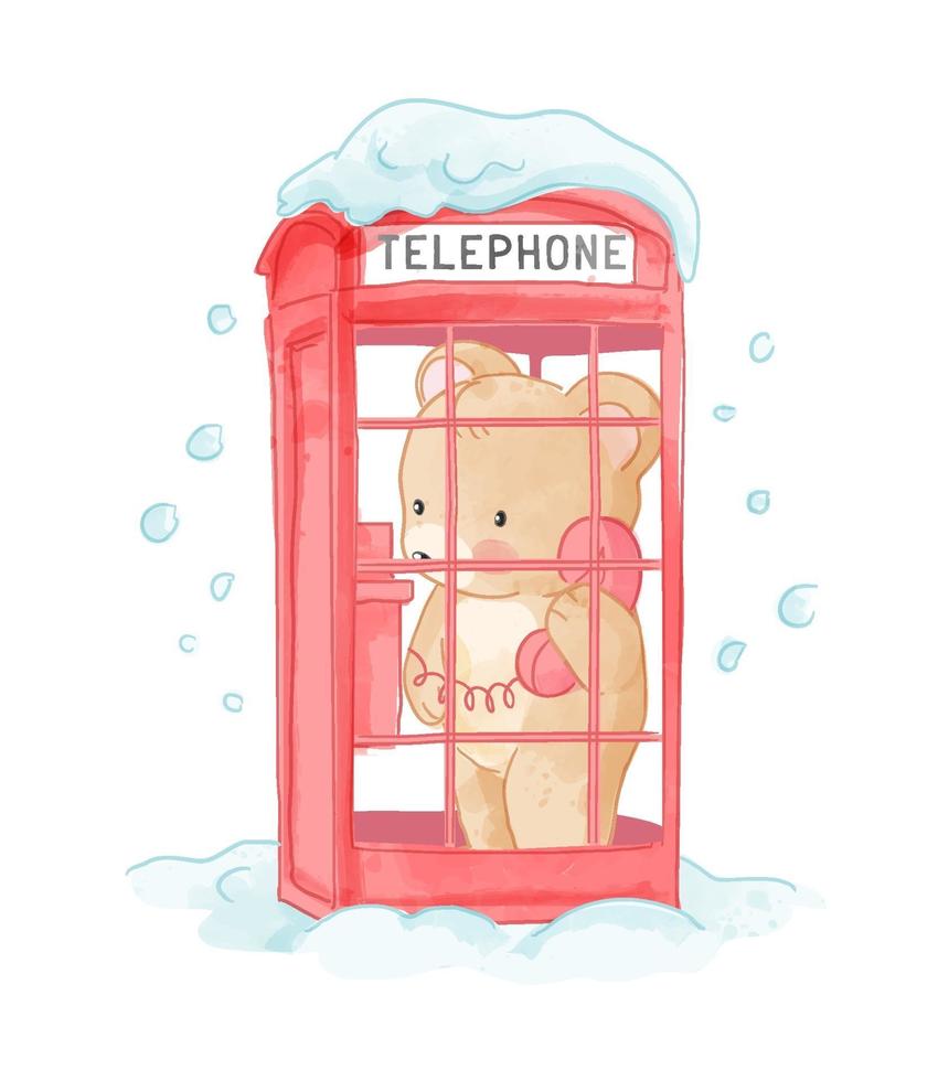 oso lindo en la ilustración de la cabina telefónica nevada vector