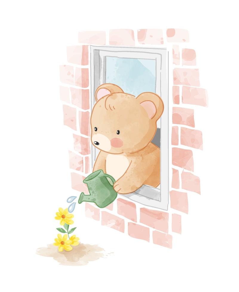 Little Bear Watering Flower through Window Illustration vector