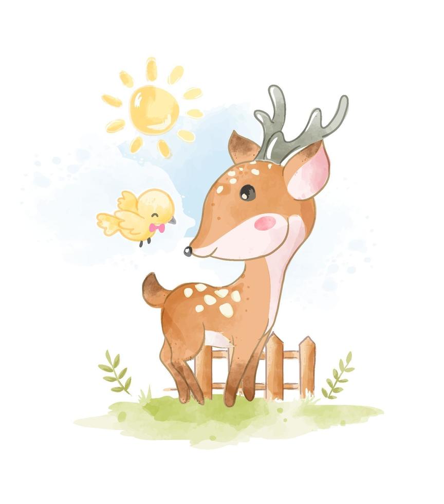 Cartoon Deer with Little Bird Illustration vector