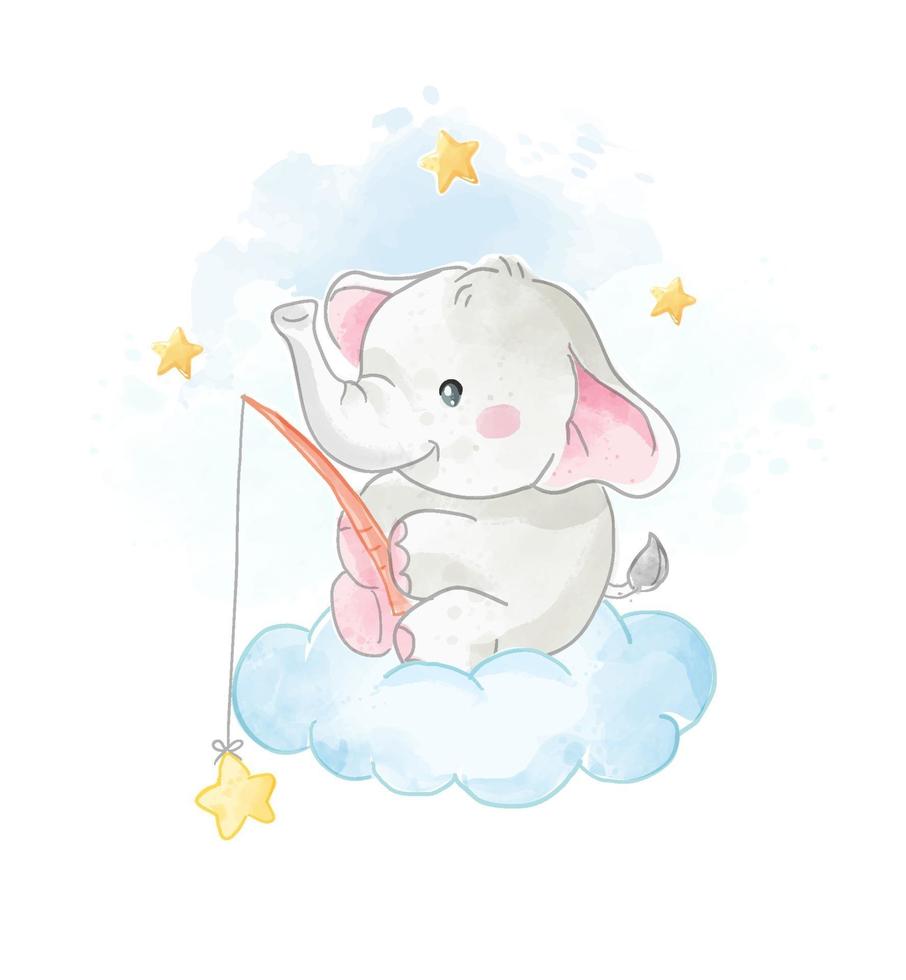Cartoon Cute Elephant on the Cloud with Stars Illustration vector