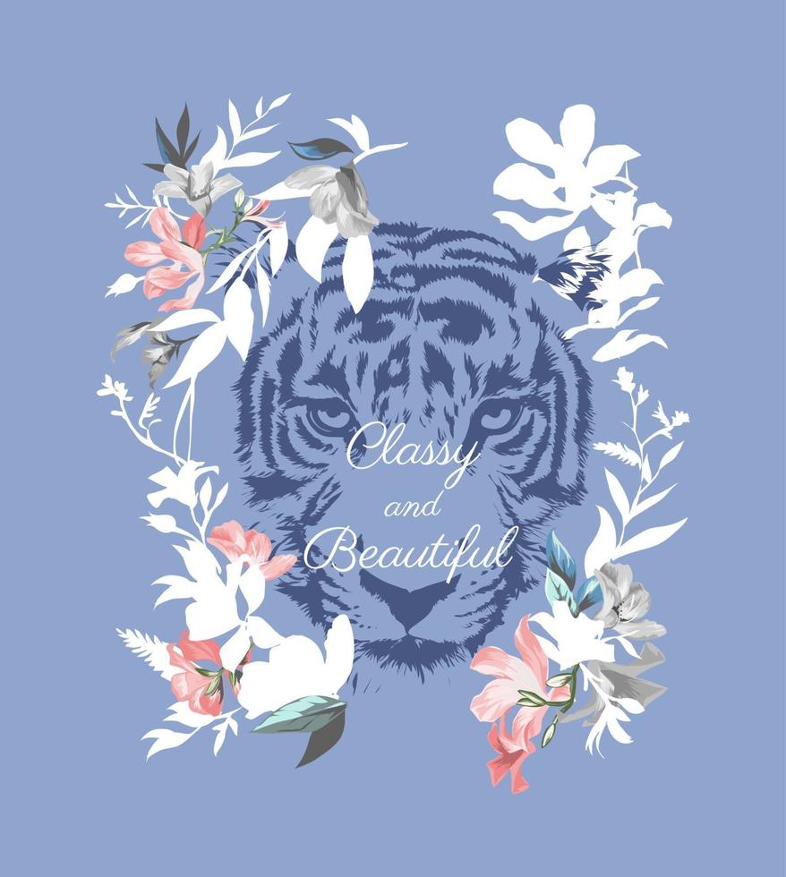 classy and beautiful slogan on tiger face in floral frame illustration vector
