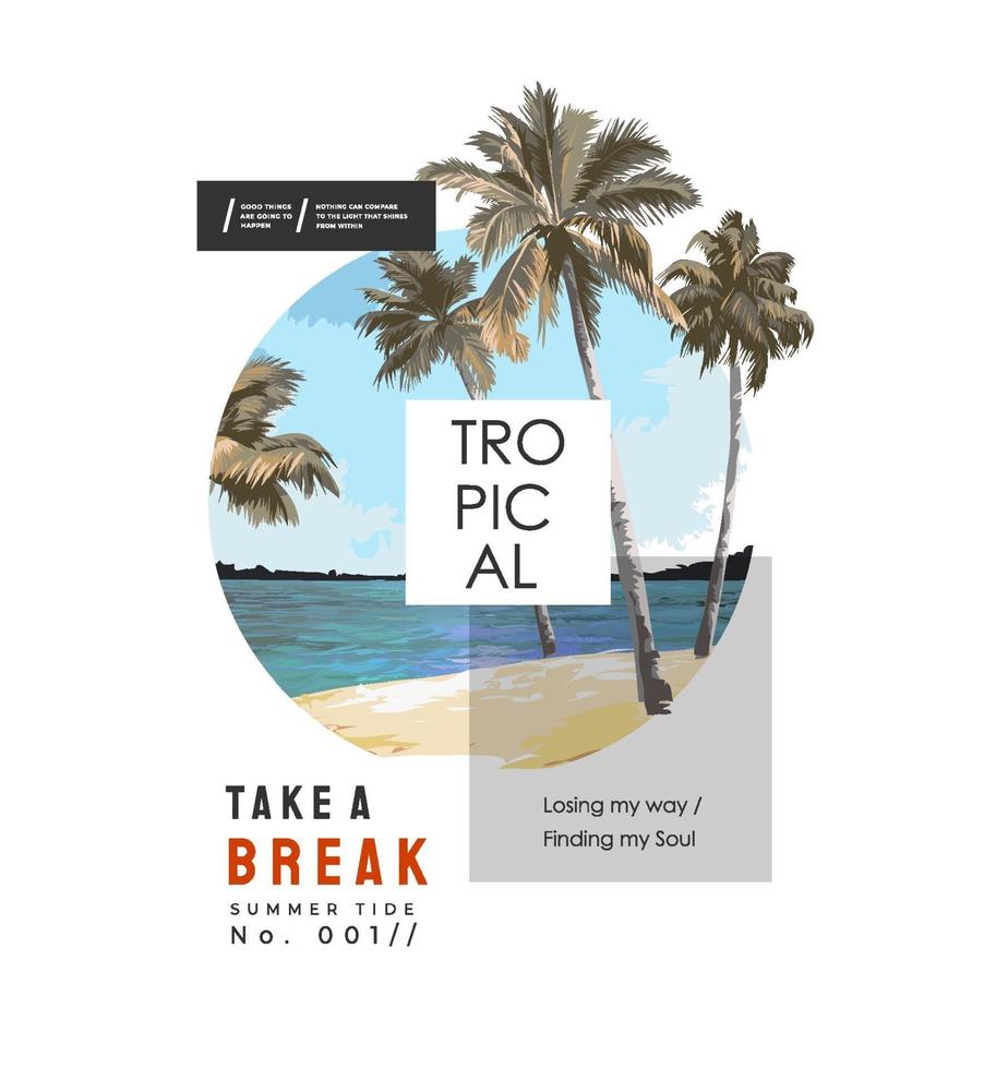 tropical slogan on beach palm trees in circle shape illustration vector