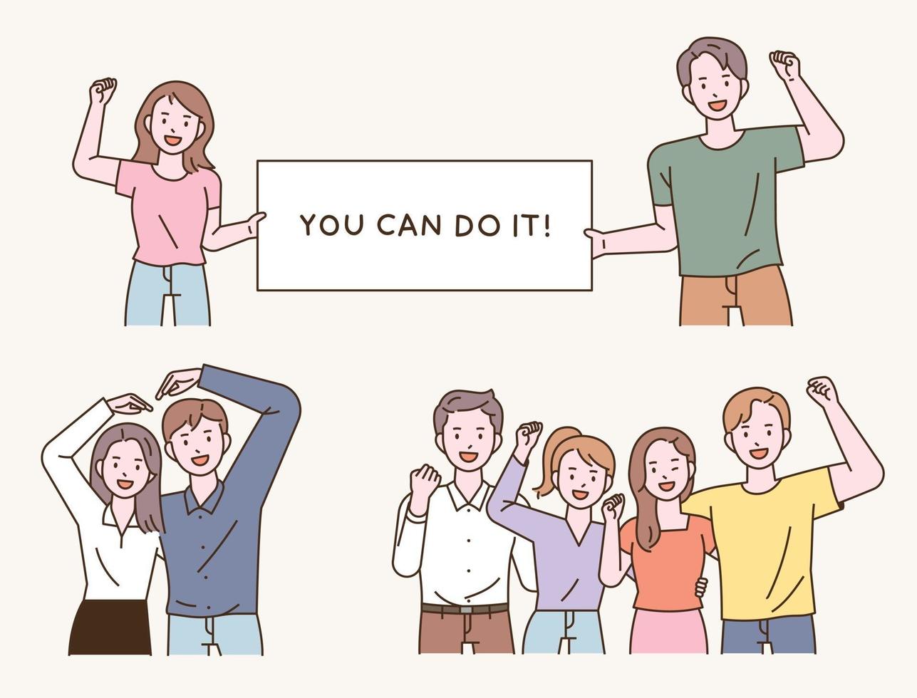 People are cheering with various gestures. vector
