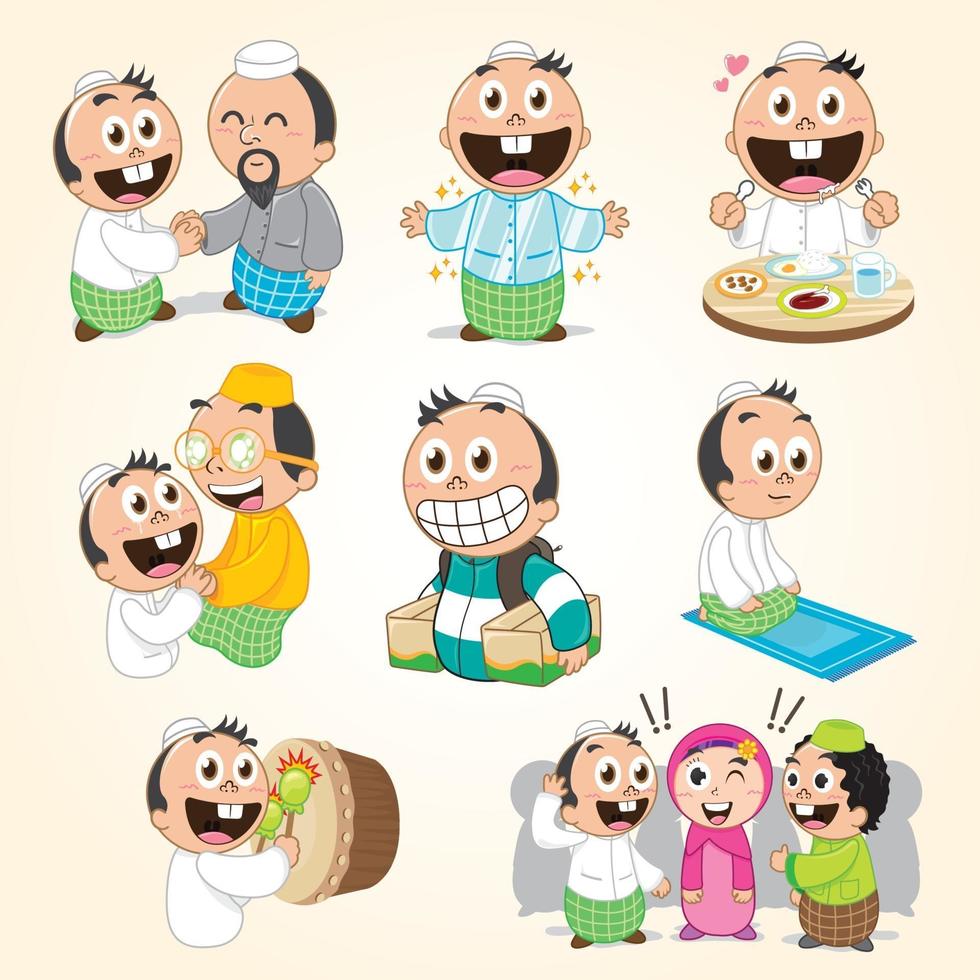 set of moslem cartoon character doing activity on ramadhan mubarak vector