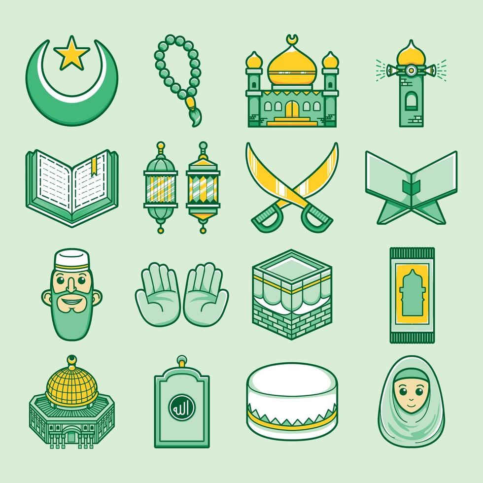 Kawaii y lindo conjunto de iconos de religión islámica vector