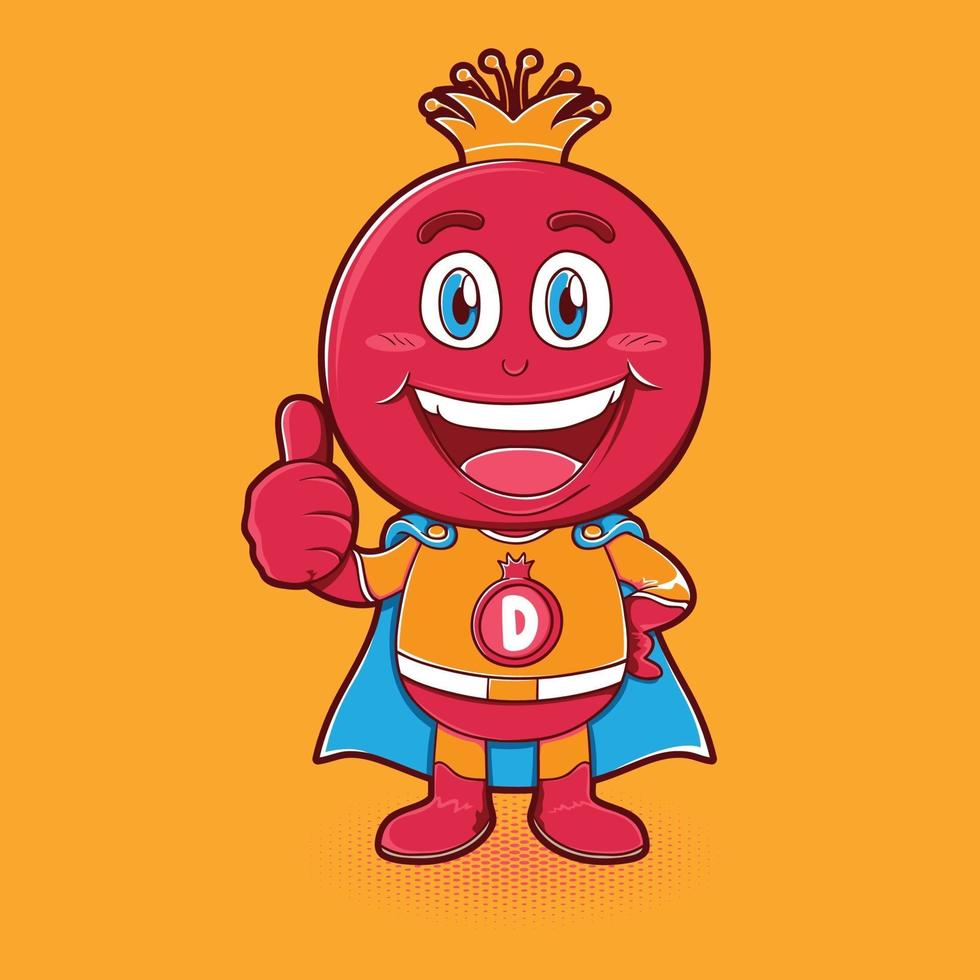 Fruta de granada feliz como superhéroe muestra su ilustración de pulgar vector