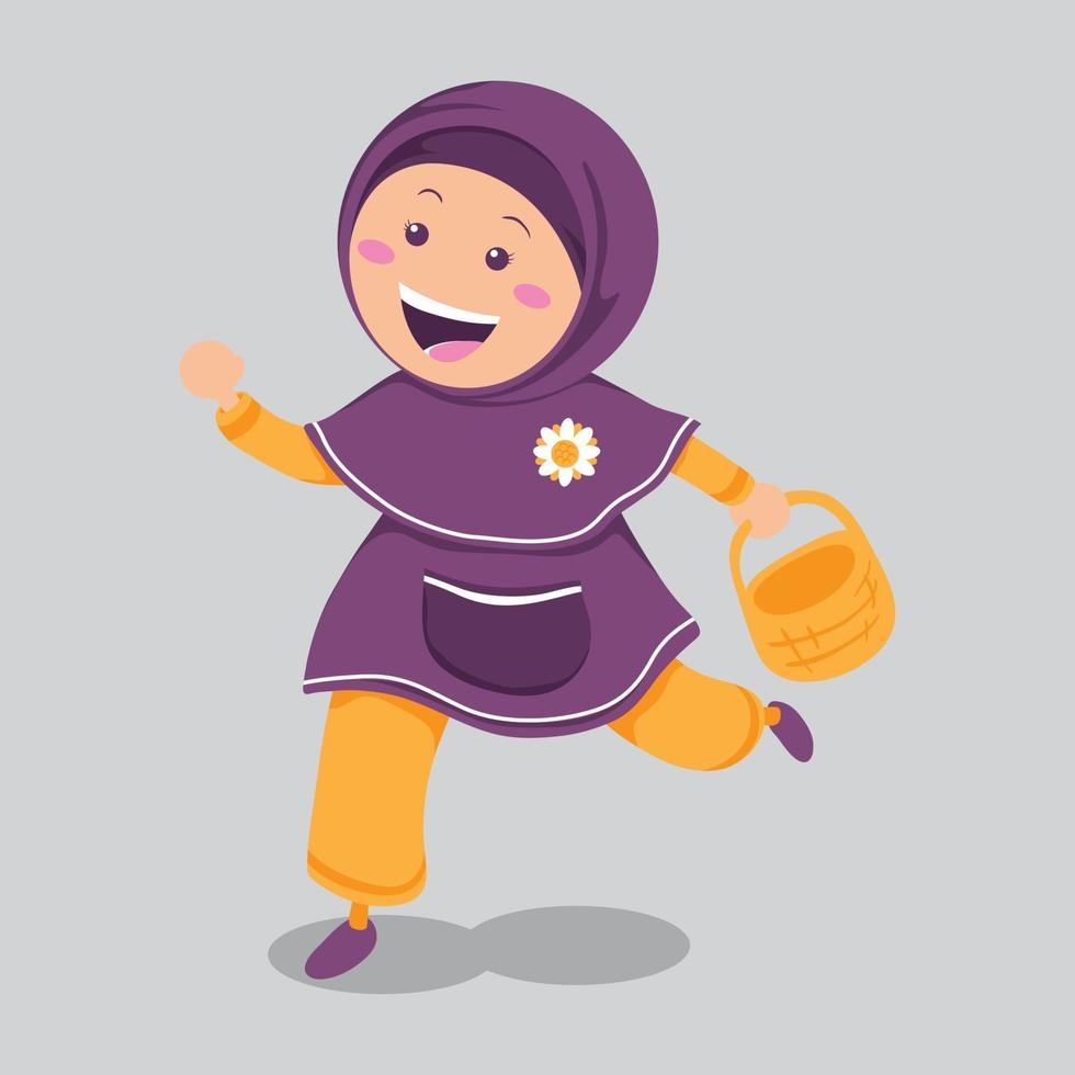 happy cute moslem girl with basket running illustration vector