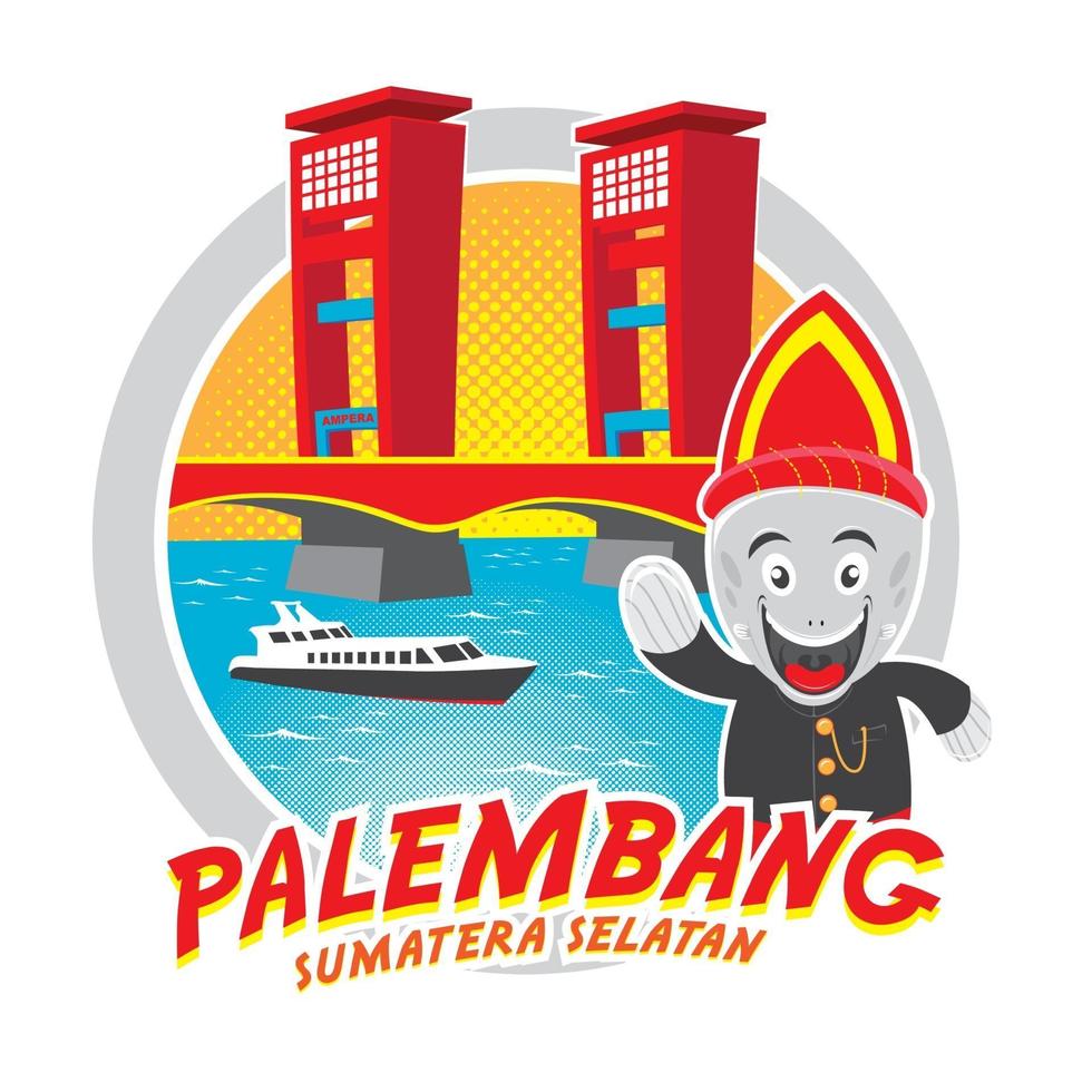 Mascota de pescado chitala con puente ampera ilustración aislada palembang vector