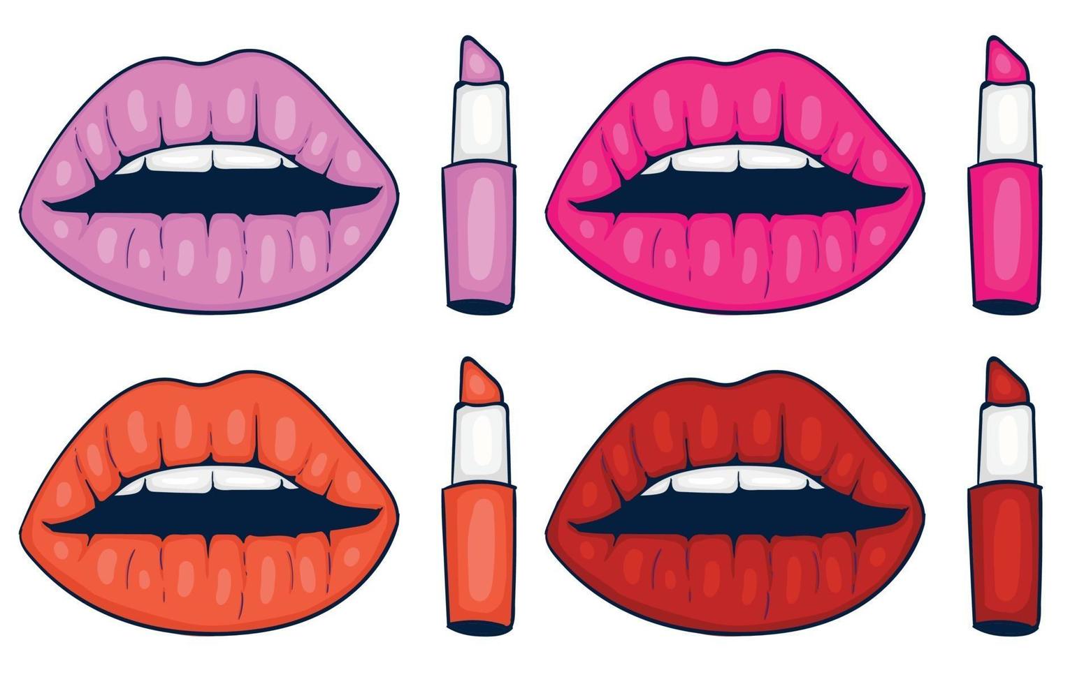 Labios y lápiz labial coloridos dibujados a mano con diferentes colores. vector