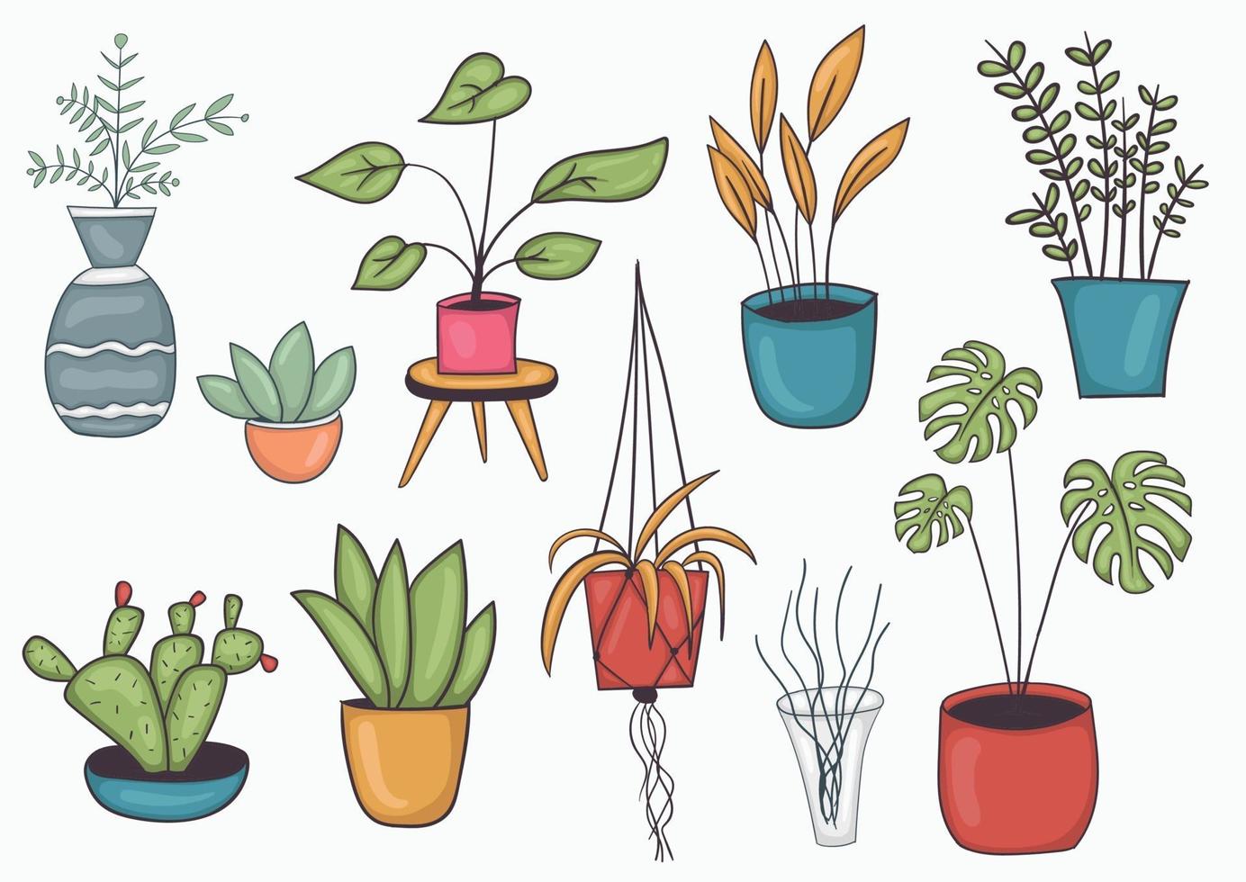 Set Of Colorful Hand drawn Potted Plant Illustration vector