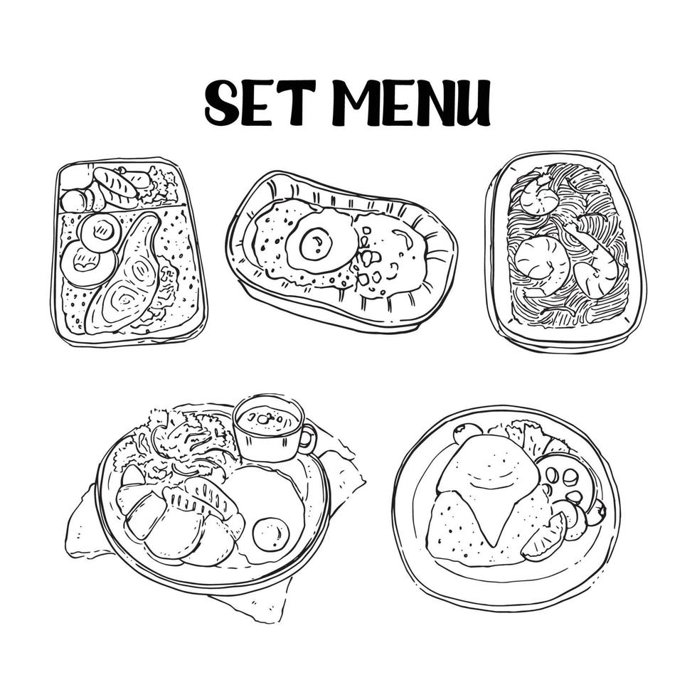 Menú de comida, dibujo boceto vector blanco y negro