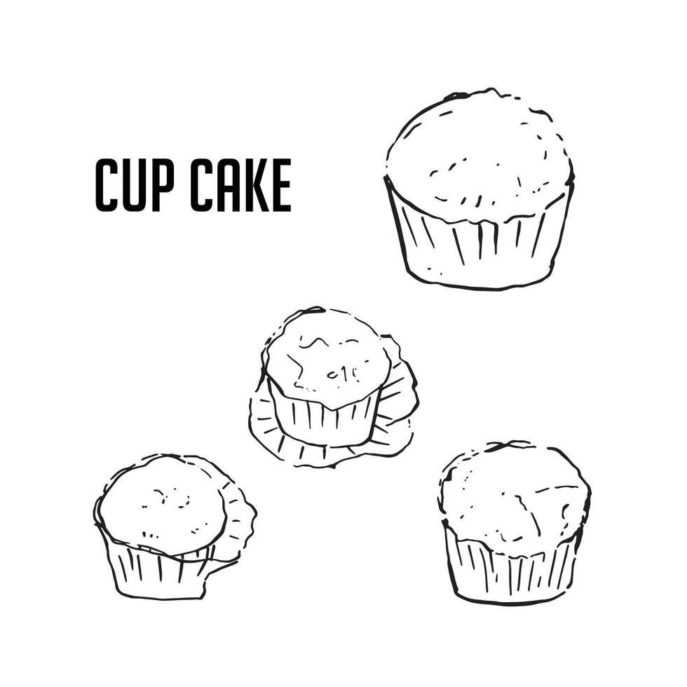 Cup Cake, Drawing Sketch Black and White Vector