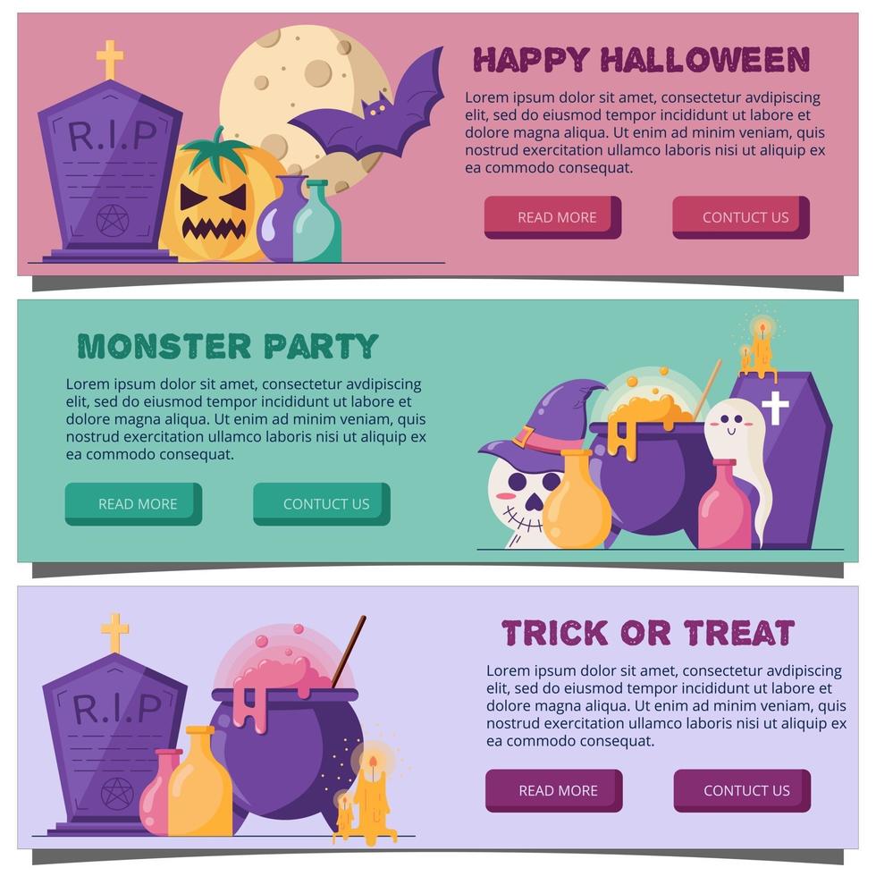 Halloween Web Horizontal Banners in a flat style. vector