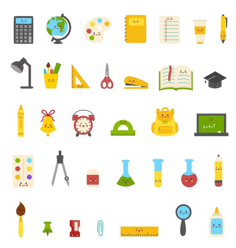 Collection of cute colorful kawaii school supplies. 3362068 Vector Art at Vecteezy Collection of cute colorful kawaii school supplies. 3362068 Vector Art at Vecteezy