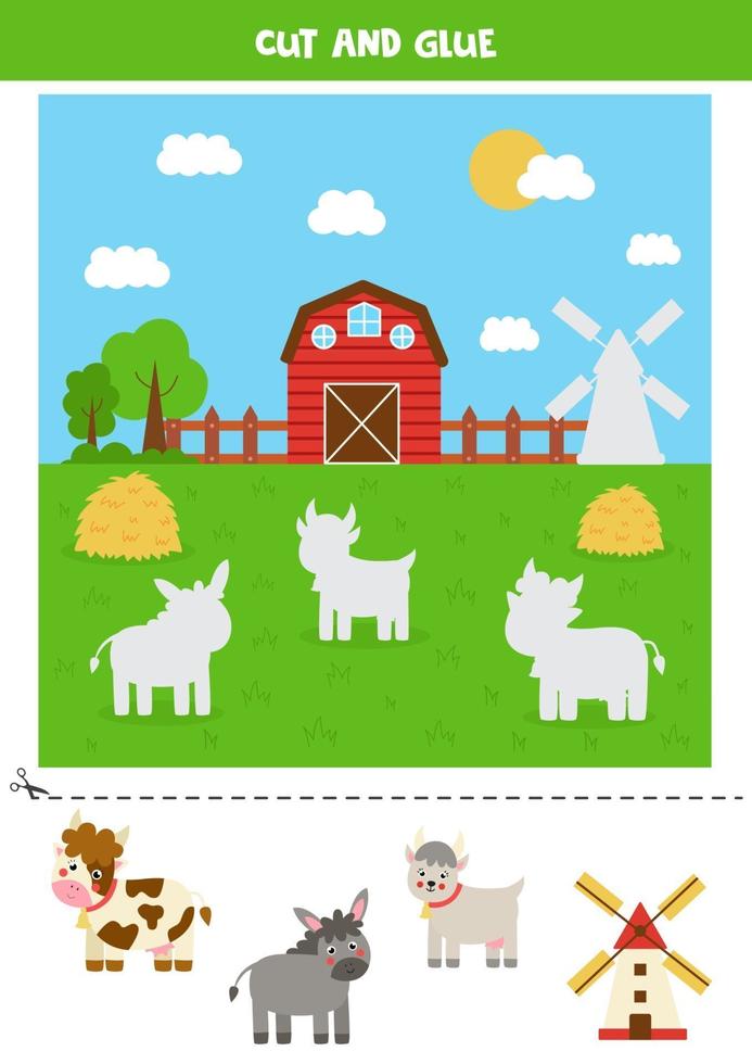 cortar animales de granja y pegarlos en el campo. juego para niños. vector