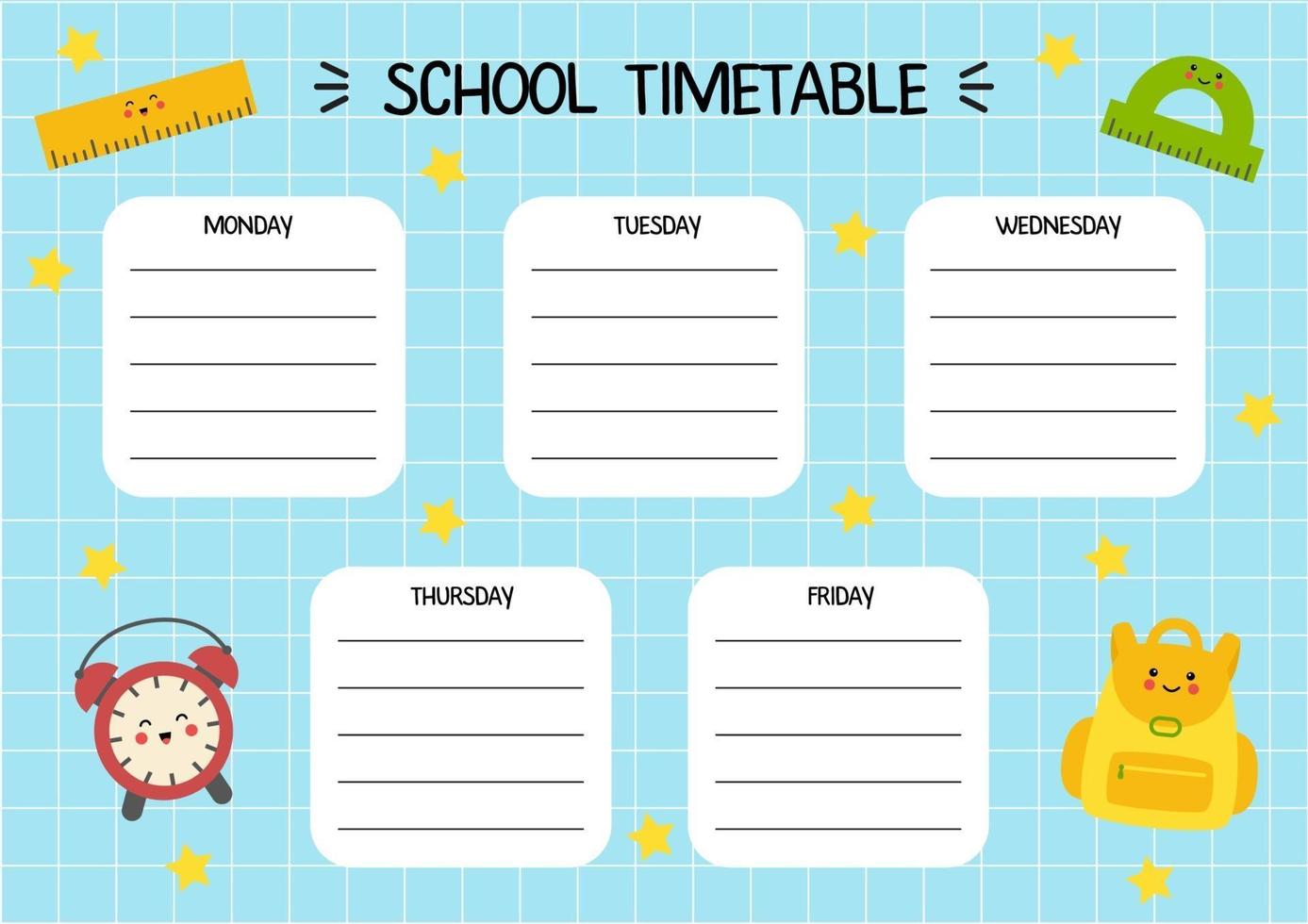 Cartoon timetable template for kids with cute school supplies. vector