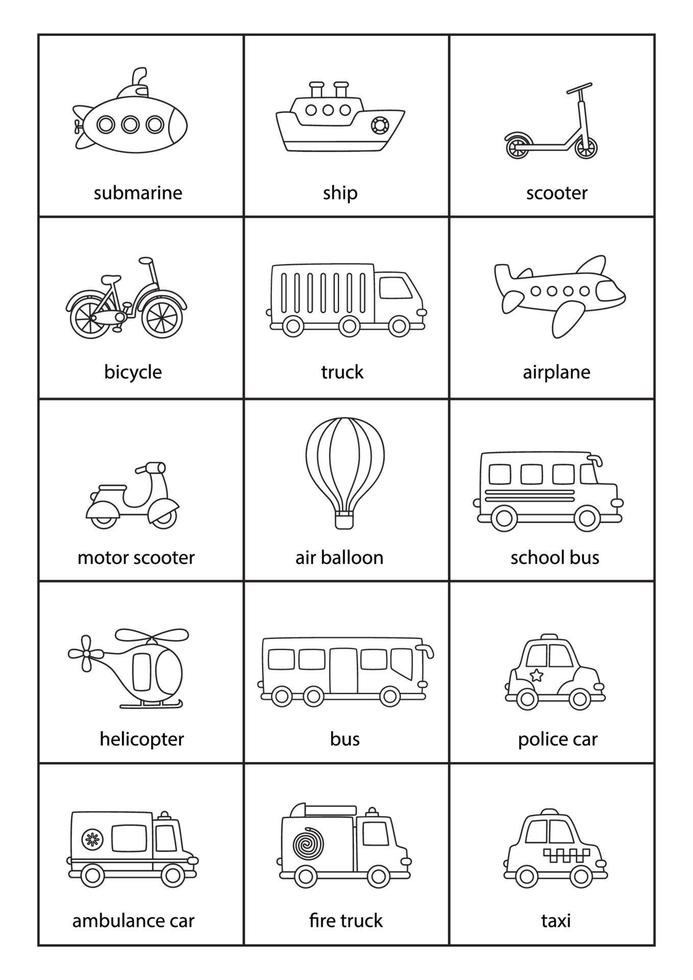 medios de transporte de dibujos animados con nombres en inglés. 3362080  Vector en Vecteezy