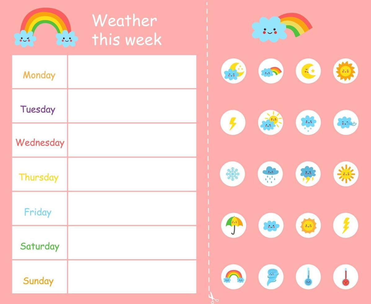 Weather this week template for kids. Weather chart. vector