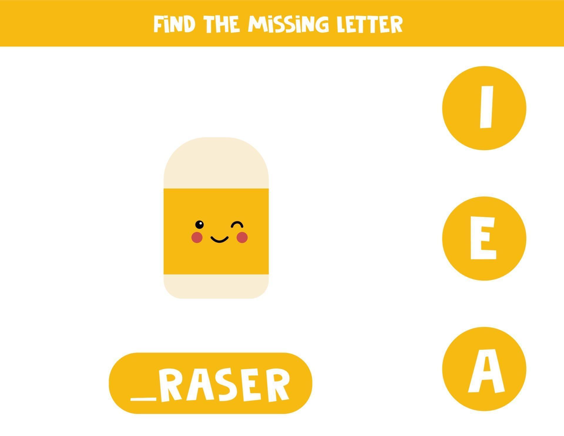 Find missing letter with cute yellow eraser. Spelling worksheet