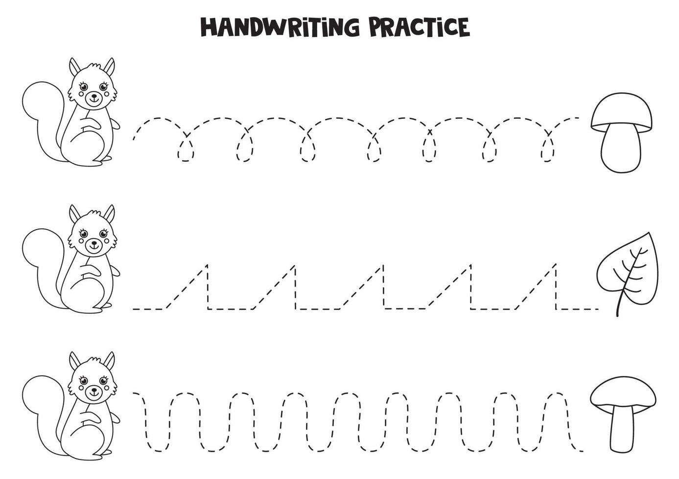 Tracing lines with cute black and white squirrel. Writing practice. vector