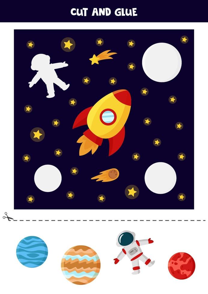 Cut out pictures and glue them into right places. Space worksheet. vector