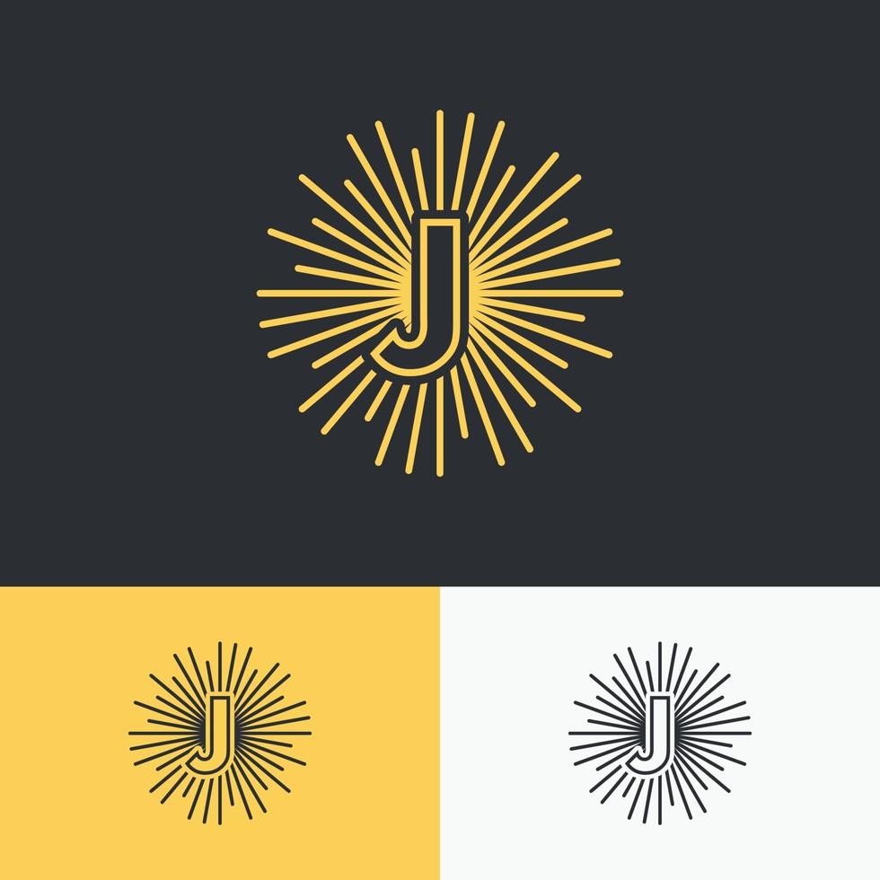 Letra j inicial con diseño de logotipo de símbolo de sol. vector